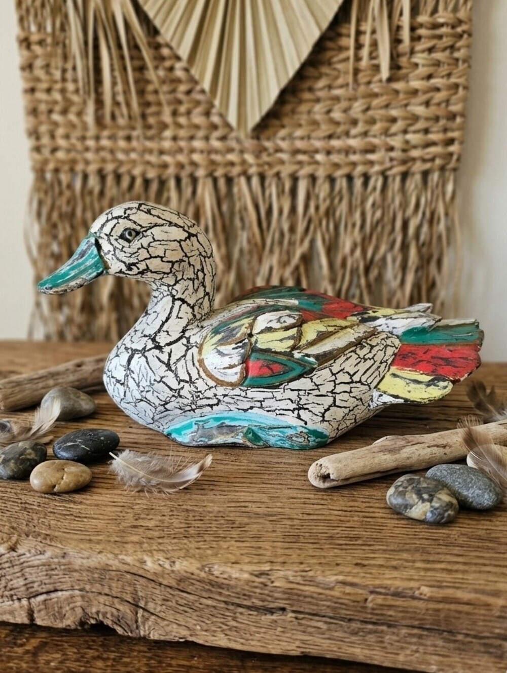 Hand-Painted Cracked Finish Decorative Duck Sculpture - White & Multicolor